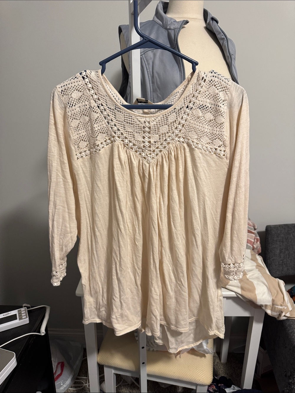 Lucky Brand Cream Crochet Yoke Tunic Top
